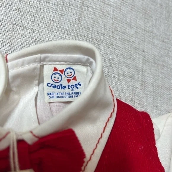 Baby boy vintage short suit, cotton corduroy, red & white. 3-piece. NWT. 0-6 mos - Picture 4 of 8